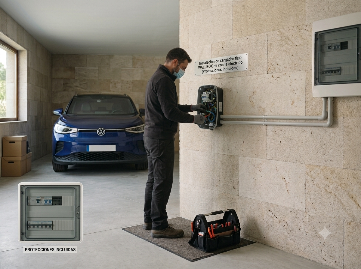 Instalación de cargador tipo WALLBOX de coche eléctrico, con protecciones incluidas
