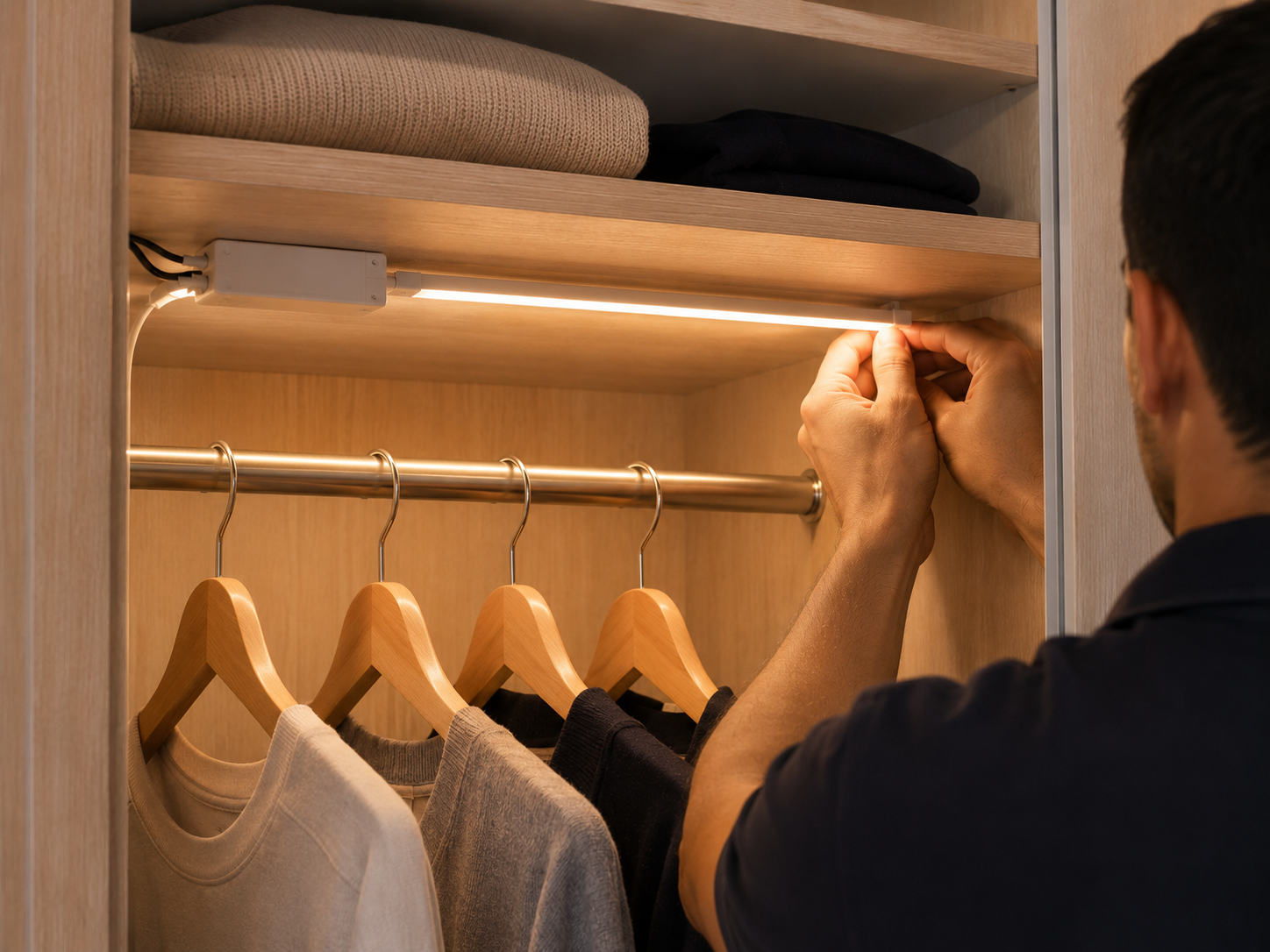 Colocación tira LED en perfil metálico o barra con transformador en interior armario, hasta 2,4 ml (incluye cortes, ensamblajes, ajustes y conexión a toma eléctrica existente hasta 1ml, no incluye material)