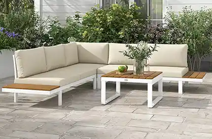 Montaje set porche jardín sofá esquinero y mesa baja